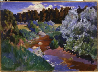 Paisaje con un río. Pintura de Arkadi (Arkady) Alexandrovich Rylov (1870-1939), óleo sobre lienzo. Arte ruso, finales del siglo XIX y principios del XX. Museo Estatal Ruso, San Petersburgo.