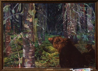 Un oso. (Con su cría, en un bosque de coníferas). Pintura de Arkadi (Arkady) Alexandrovich Rylov (1870-1939), óleo sobre lienzo