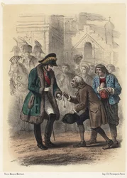 El rey Carlos XIV (Jean de Suede) (Juan Bautista Bernadotte) (1763-1844) recibe una medalla de su antiguo maestro - Grabado de Telory