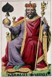 Representación de Carlomagno (Carlos I llamado Carlos el Grande). Detalle de una carta de juego