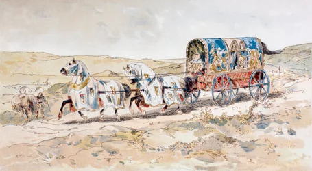 Carruaje de damas tirado por caballos del siglo XIII, 1886