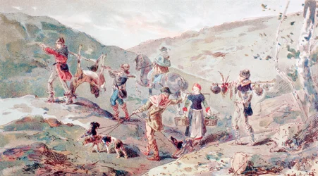 Partida de caza del siglo XIII con porteadores