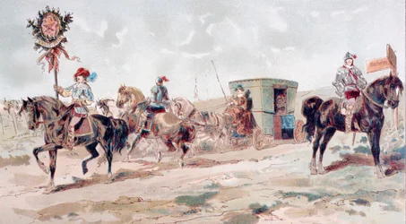 Carruaje cubierto tirado por caballos del siglo XVII, 1886