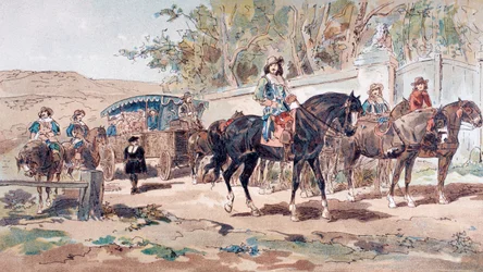 Diligencia pública tirada por caballos, o coche, del siglo XVII con escolta montada, 1886