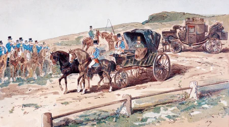 Un postillón montado en un caballo de carruaje, siglo XIX, 1886