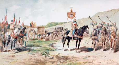 Cruzados en marcha en el siglo XI con un carro de suministros tirado por caballos, 1886
