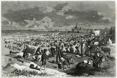 Playa de Ostende. Grabado de A.Heins, para ilustrar la historia “La Belgique”, de Camille Lemonnier (1844-1913), escritor y crítico de arte. Publicado en Le Tour du Monde.