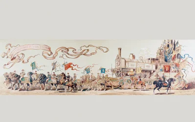 Imagen celebrando 50 años del sistema ferroviario belga de 1835 a 1885, 1886