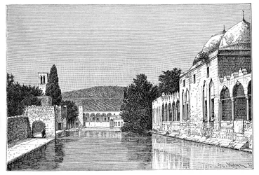 La mezquita y la Fuente de Abraham, Ofra At Tayyibah, Cisjordania, Israel, 1895