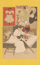 Mujer sentada en un puesto mirando impresiones, 1897