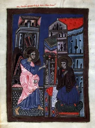 La Anunciación. Arcángel Gabriel visita a la Virgen María. Iluminación del maestro del Codex Matenadaran (siglo XIII), miniatura, acuarela sobre pergamino