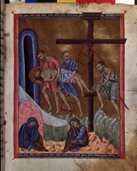 La Deposición. Están representados: Santa María Magdalena, la Virgen María, Jesucristo, José de Arimatea, San Nicodemo y San Juan. Iluminación del maestro del Codex Matenadaran (siglo XIII), miniatura, acuarela sobre pergamino