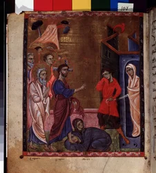 La Resurrección de Lázaro (La Resurrección de Lázaro). Iluminación del maestro del Codex Matenadaran (siglo XIII), miniatura, acuarela sobre pergamino