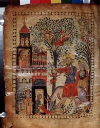 La entrada de Cristo en Jerusalén (Israel). Iluminación del maestro del Codex Matenadaran (siglo XIII), miniatura, acuarela sobre pergamino