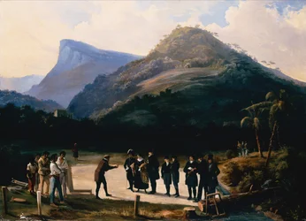 Un arquitecto con sus mecenas preparándose para colocar la primera piedra de una villa bajo el monte Corcovado (óleo sobre lienzo)