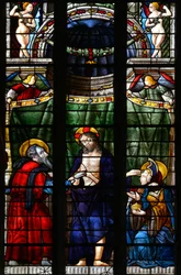 El Cristo resucitado toma la mano de Santo Tomás para hacerle ver sus heridas y toca con la otra mano la frente de Santa María Magdalena - Vidriera de la capilla Notre Dame d