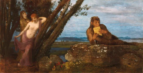 ""Soiree de Printemps"" (Tarde de primavera) Pan toca su flauta, acostado sobre una roca, mientras dos nereidas se inclinan lascivamente contra los troncos - Pintura de Arnold Bocklin (1827-1901) 1879 Szepmuveszeti Muzeum, Budapest