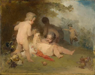 Putti y un joven sátiro en un claro del bosque