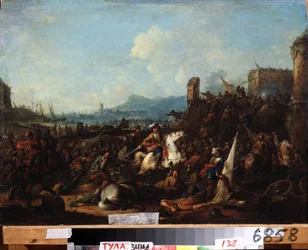 El sitio de La Rochelle, octubre de 1628 (El sitio de La Rochelle en octubre de 1628). Pintura de Arnold Frans Rubens (1687-1719). Óleo sobre tabla, 39,5 x 57 cm. Arte flamenco, estilo barroco. Museo Estatal de Arte, Tula (o Tolán).