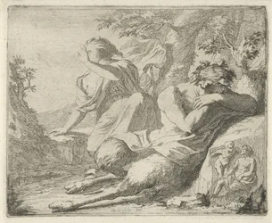 El sátiro y la figura femenina cubren los ojos de la luz del sol. Escena de estatuas de pecado abiertas al servicio de pintores, estatutarios, etc. (título de la serie)