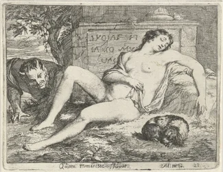 Ninfa dormida con un perro espiado por un sátiro Quam meminisse Juvat (título sobre objeto) Escena de estatuas de pecado abiertas al servicio de pintores, estatutarios, etc. (título de la serie)