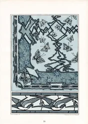 Patrón decorativo Art Nouveau con golondrinas y mariposas (litografía)