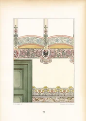 Interiorismo Art Nouveau con frisos ornamentales y escudo de armas (litografía)