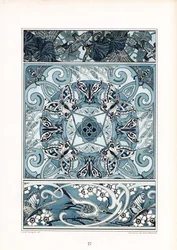 Motivos ornamentales en azul y blanco con mariposas y pájaros (litografía)