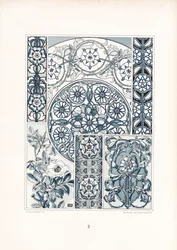 Motivos y estructuras ornamentales de rosas silvestres azules y blancas (litografía)