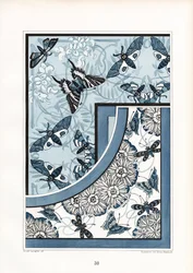 Mariposas y polillas en estampado floral azul y blanco (litografía)