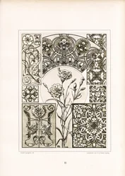 Motivos de claveles y motivos ornamentales de superficie en monocromo (litografía)