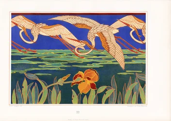 Friso decorativo Art Nouveau con garzas sobre paisaje acuático (litografía)