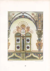 Arquitectura interior Art Nouveau decorativa con arco y elementos heráldicos (litografía)