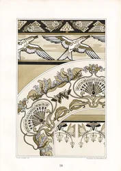 Adornos Art Nouveau con pájaros y abanicos (litografía)