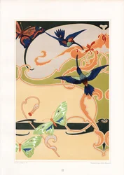 Patrón Art Nouveau decorativo con colibríes y mariposas (litografía)