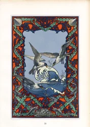 Panel marino decorativo con gaviotas y olas (litografía)