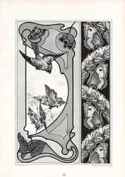 Paneles decorativos y cenefa con motivos de pájaros y mariposas (litografía)