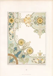 Elegante adorno esquinero con motivos de girasoles (litografía)