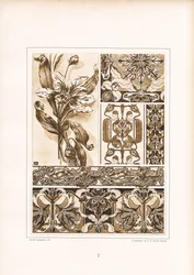 Estudios de ornamentos florales y bordes en tonos sepia (litografía)
