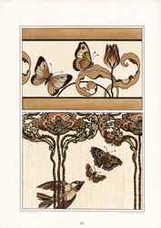 Bandas ornamentales florales con mariposas y tulipanes (litografía)
