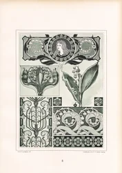 Ornamentación Lirio del Valle con medallón de retrato femenino (litografía)