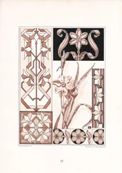 Motivos de narcisos y ornamentos geométricos en tonos rosas (litografía)