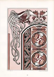Decoración ornamental para libros con gallos (litografía)