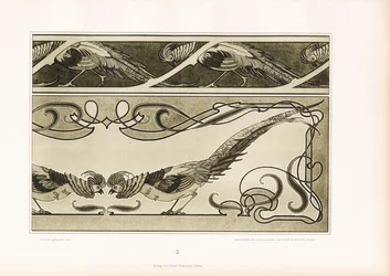 Bordes ornamentales con faisanes estilizados y ornamentos lineales (litografía)