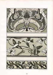 Frisos ornamentales con pájaros, mariposas y motivos florales (litografía)