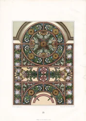 Arco de ventana ornamental con girasoles y tulipanes (litografía)