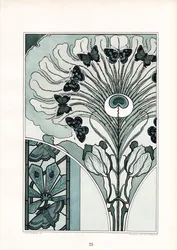 Ornamento de pluma de pavo real con mariposas y tulipanes