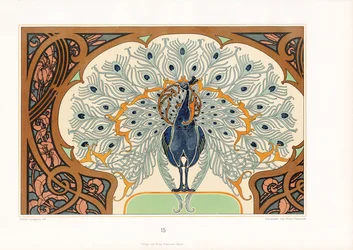 Pavo real en marco ornamental con decoración Art Nouveau