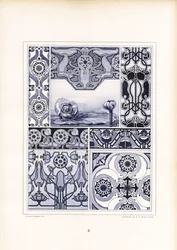 Motivos de amapolas y ornamentos geométricos en tonos azules (litografía)