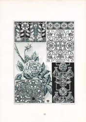 Estudios de ornamentos rosas en tonos verdes (litografía)